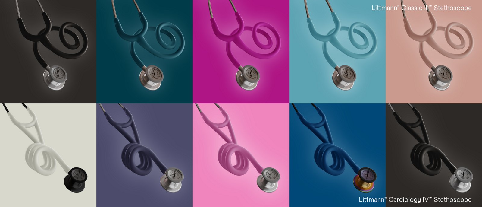 Farbübersicht der Littmann Classic III und Cardiology IV Stethoskope mit Satin-Finish